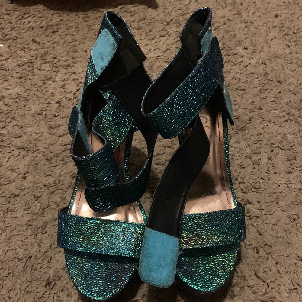 Metallic green/ blue open toe heels